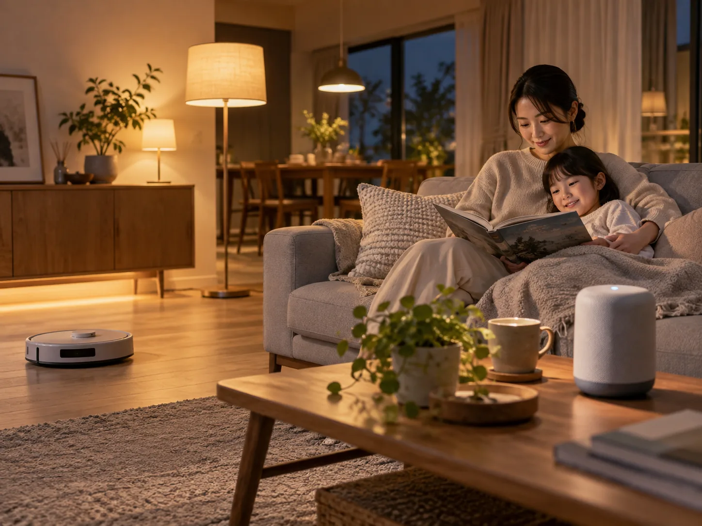 夕方のリビングで本を読みながらくつろぐ親子