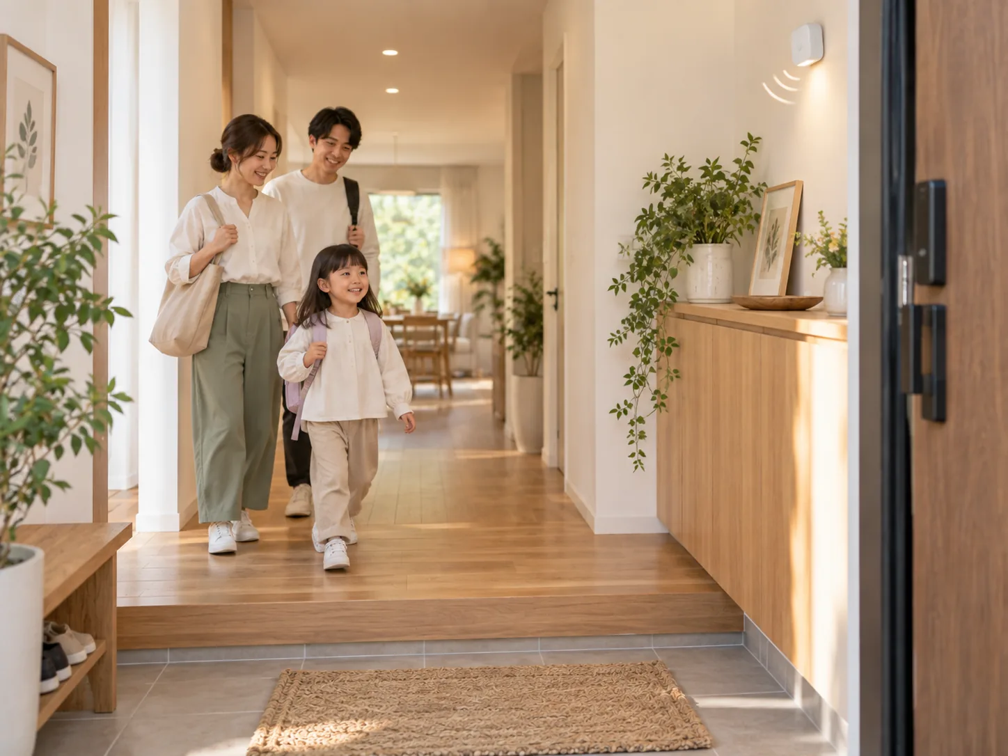 明かりのともる玄関を歩く家族と壁の小さなセンサー