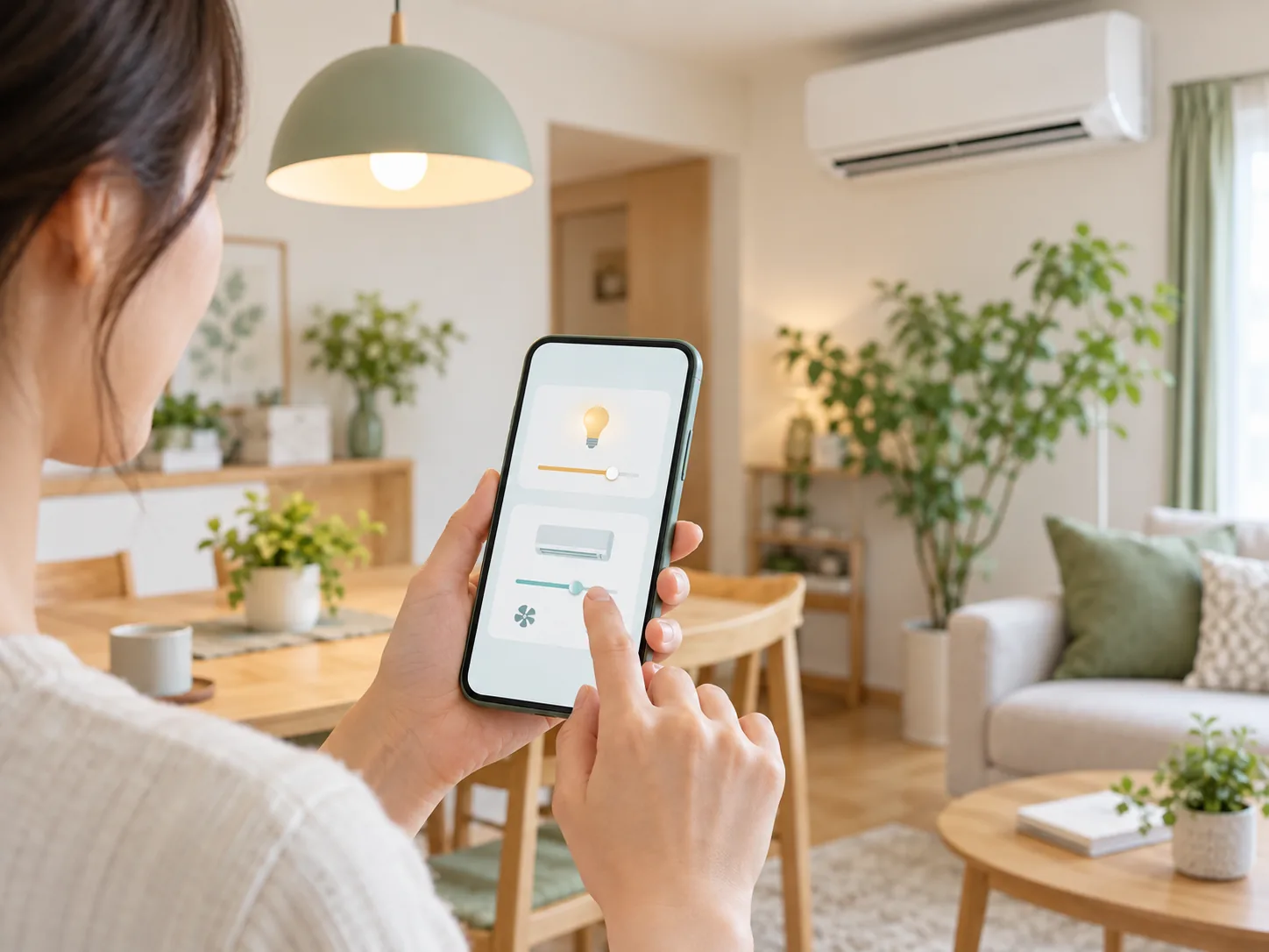 居間でスマートフォンから照明と空調を操作する人