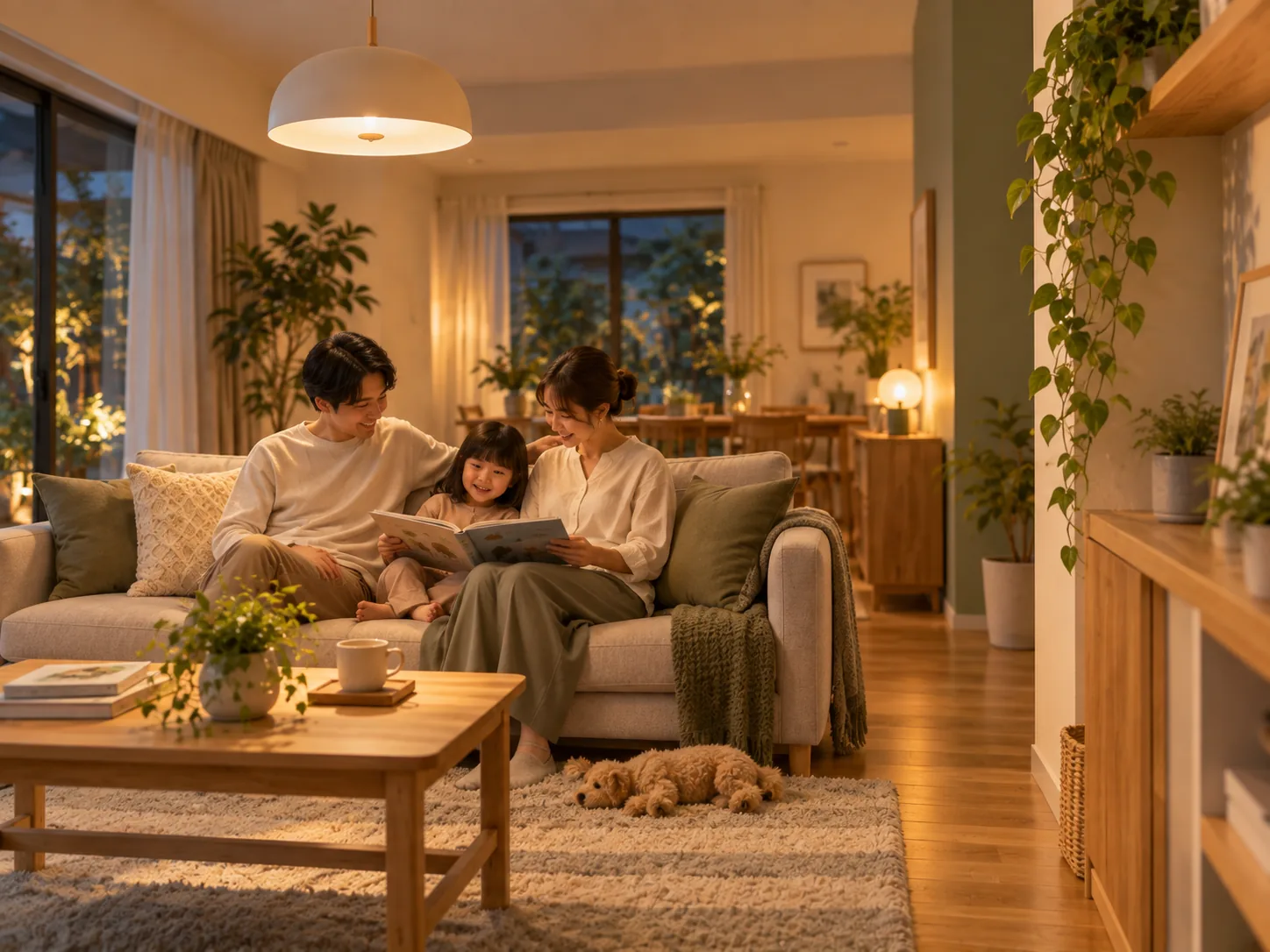 暖かな照明のともる夕方のリビングで過ごす家族