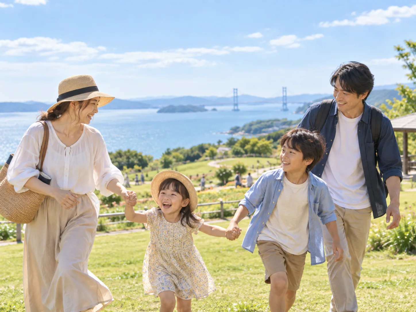 緑の多い公園を歩いて楽しむ家族