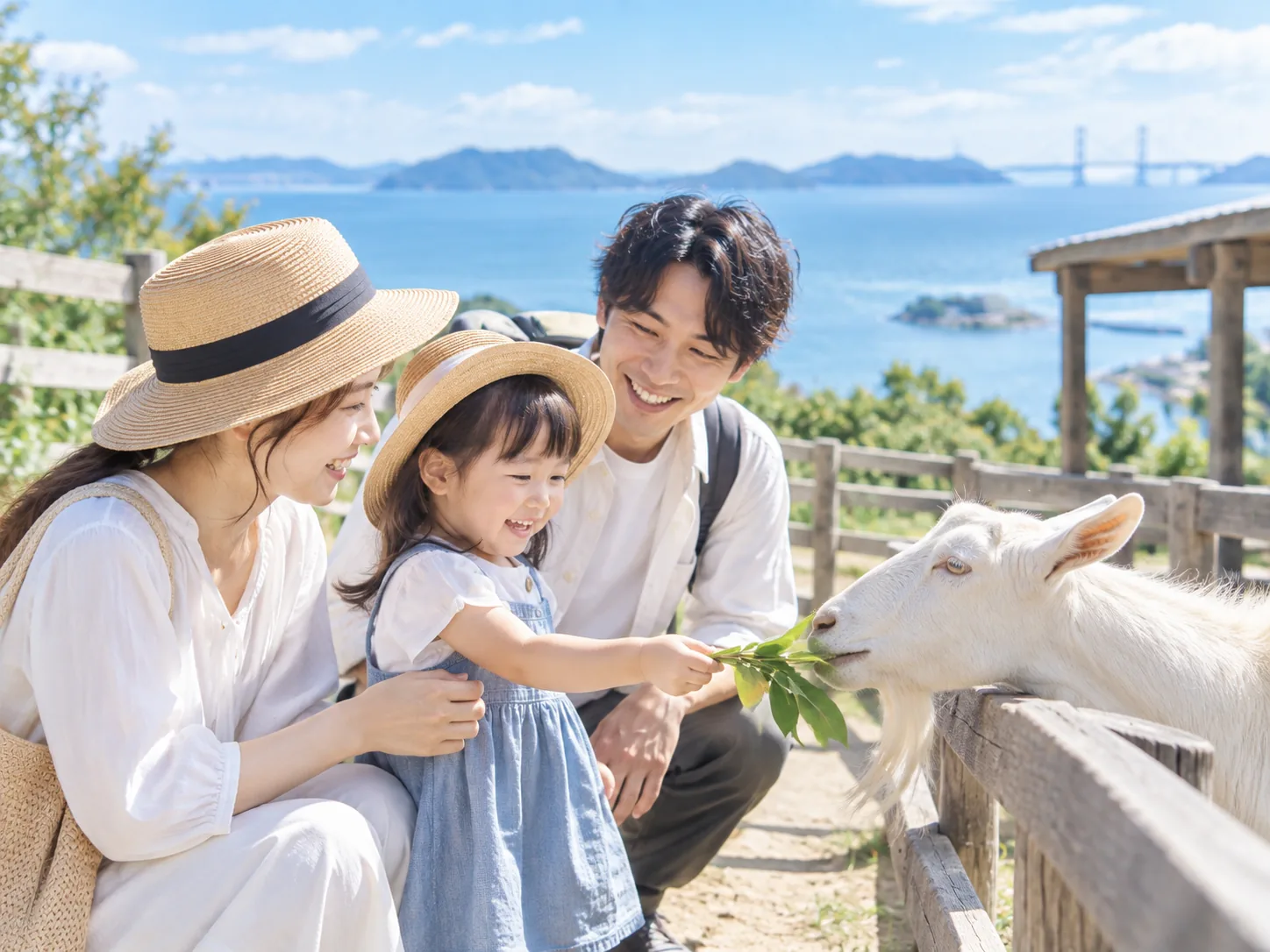 屋外で動物とのふれあいを楽しむ親子