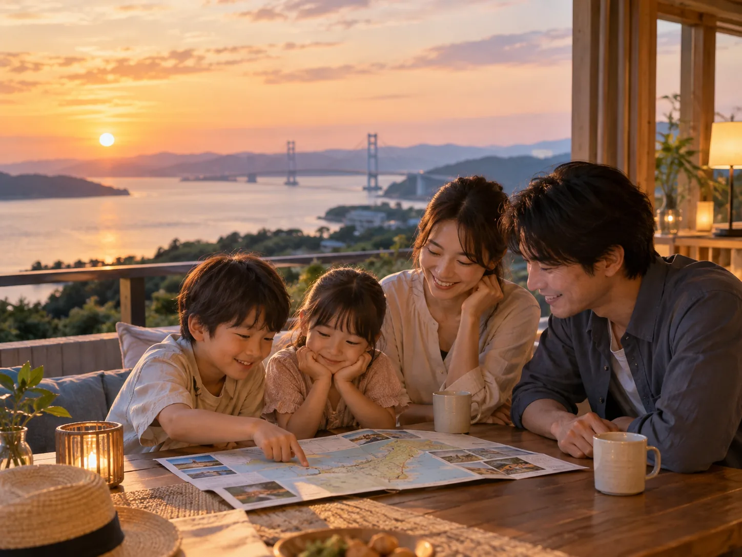 夕景を眺めながら旅の予定を話す家族