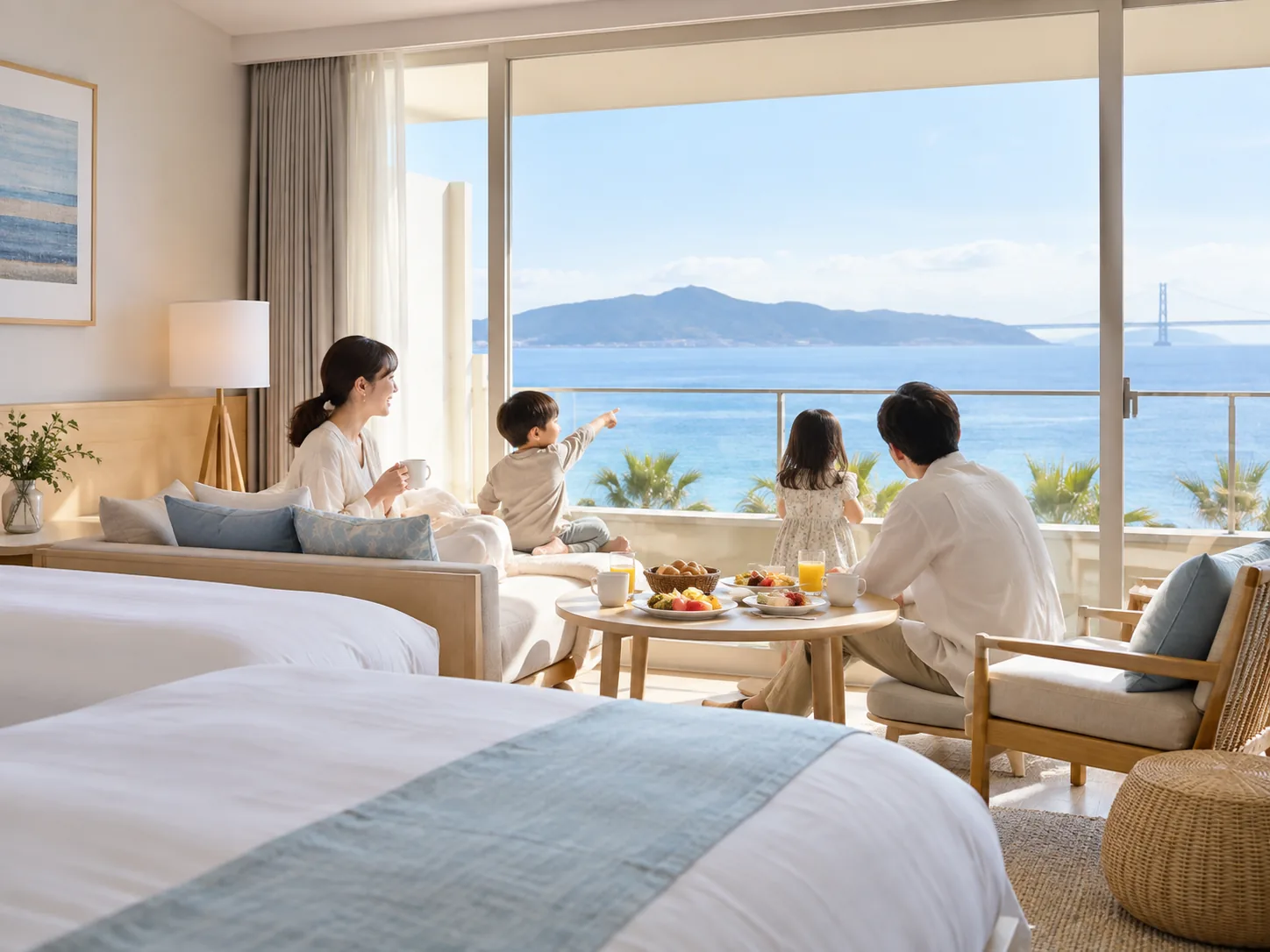 海の見える客室で朝を過ごす家族